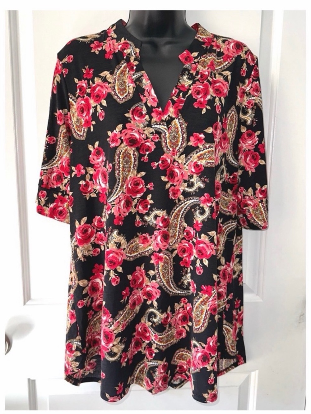 Honeyme Black Tunic Top with Red Rose & Gold Paisley Print